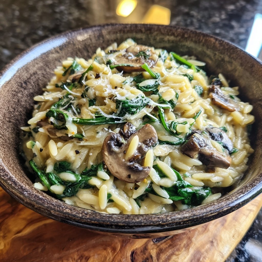 Romantic Creamy Spinach Mushroom Orzo